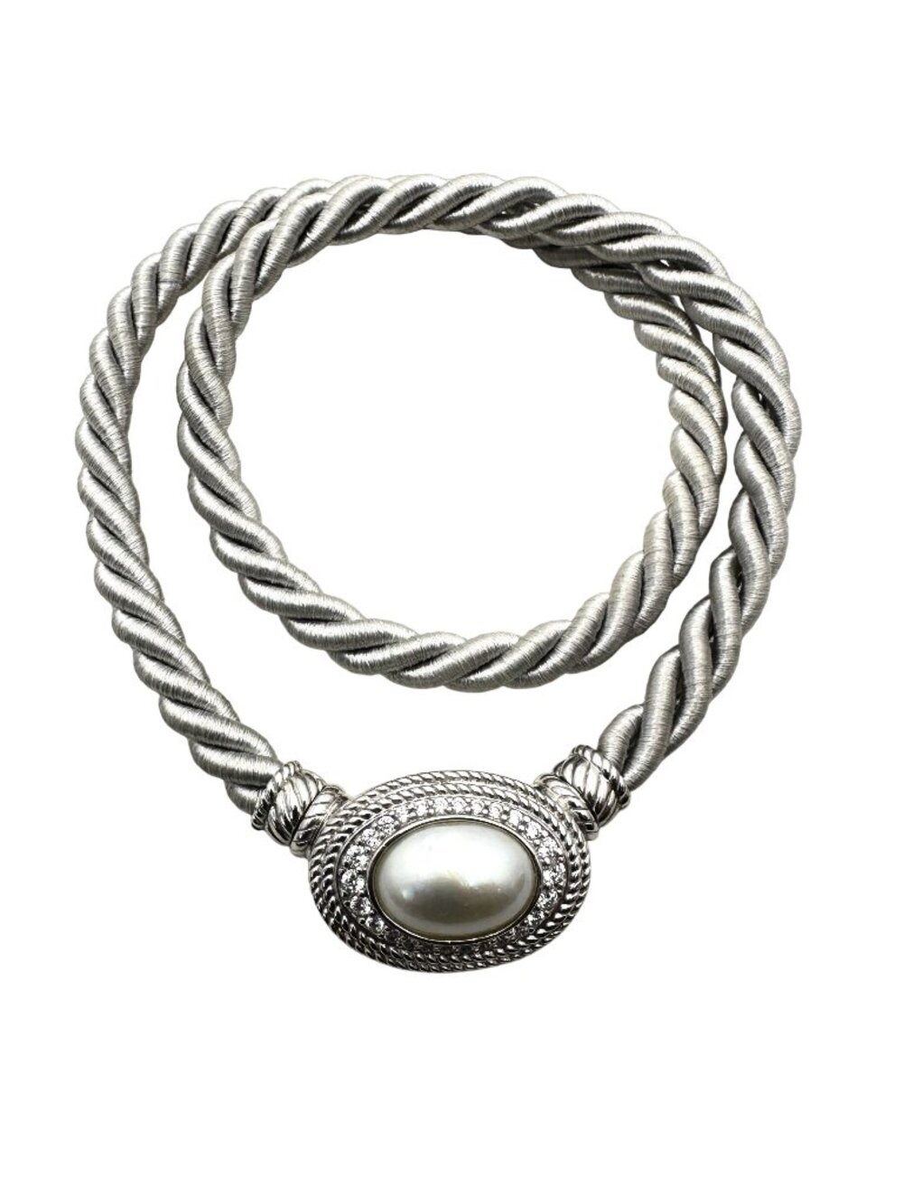 Judith Ripka Sterling Silver Pearl Magnetic Pendant Necklace Grey Silk Cord